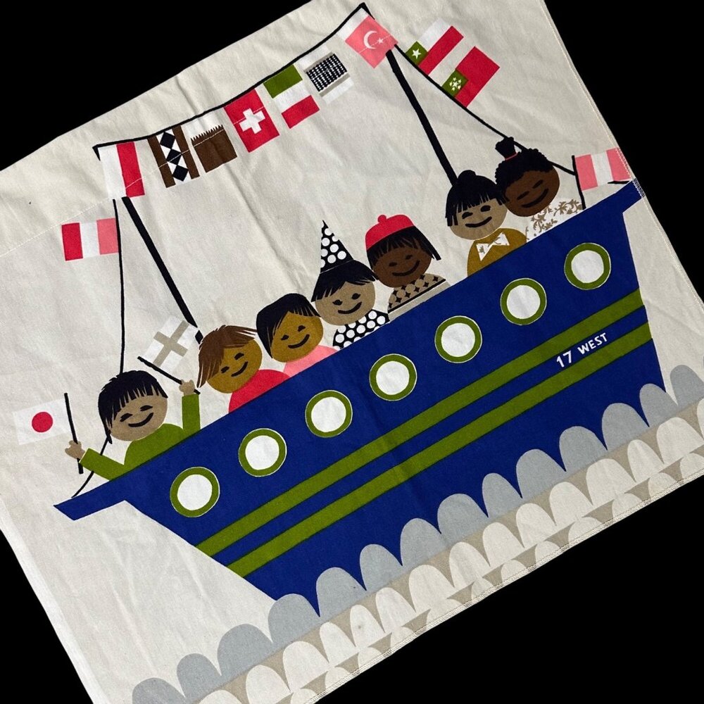 Vintage Tapestry Wall Hanging Curtain Panel Ship Flags Happy Children Retro